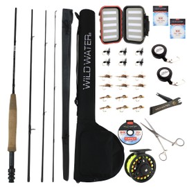 Wild Water Deluxe Fly Fishing Combo Starter Kit, 7-Foot Pole, 4-Piece Fly Rod Kit, 3/4 Weight, Fishing Accessories, Includes Die cast Aluminum Reel and Hard Tube Case with Pouch, Fly Box and Flies