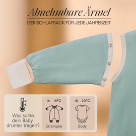 Mababu All-year baby sleeping bag with feet and removable sleeves, 100% GOTS organic cotton, year-round children's sleeping bag with feet, foldable cuffs, Green (sea green)