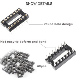 Youmile Pack of 40 14 Pin Round DIP IC Socket 2.54 mm Grid IC Socket Adapter Round Hole Solder Type High Quality Not Easy to Break, with Tin Wire Pin for Electronic Experiments