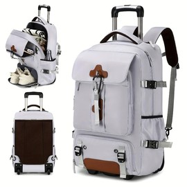 Women's Rolling Backpack, Laptop Travel Bag, Shoe Compartment, Adjustable Straps, Fits 17-inch - Color: Silvery Gray