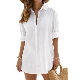 VXVGER Swimsuit Coverup for Women Casual V Neck Bathing Suit Cover Ups Button Down Beach Bikini Swimwear Cover up Dress Shirt(White,M)