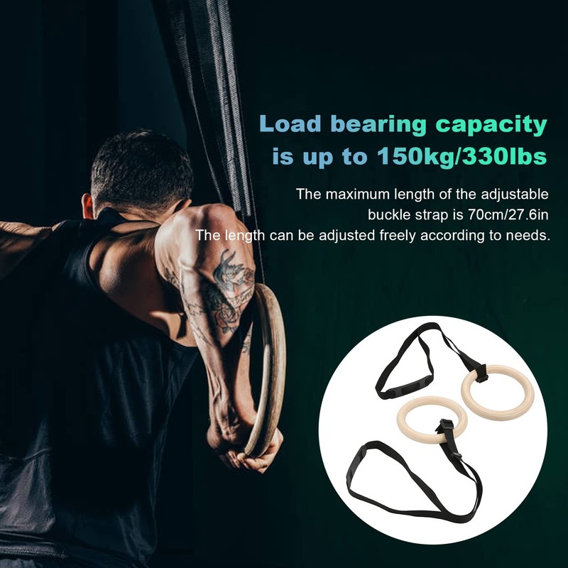 Gym Rings, Wooden 330lbs Capacity Pull Up Exercise Rings for