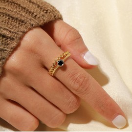 Layered Black Onyx Leaf Ring for Women Men Adjustable Leaf Stacking Ring Dainty S925 Sterling Silver Double Layer Statement CZ Black Birthstone Gemstone Engagement Promise Ring Christmas Jewelry Gifts (Gold)