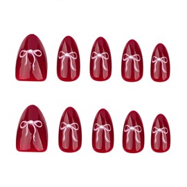 SINHOT Almond Press on Nails Medium Fake Nails Glossy Glue on Nails Pink Bowknot Acrylic Nails Solid Red Stiletto Artificial Nails Burgundy False Nails with Design 24 pcs