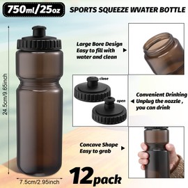 Mimorou 12 Pack Sports Squeeze Water Bottles 25 Oz Sports Water Bottles with Easy Open Push/pull Cap Reusable Plastic Water Bottles for Bicycles Cycling Fitness Yoga Outdoor Sports (Black)