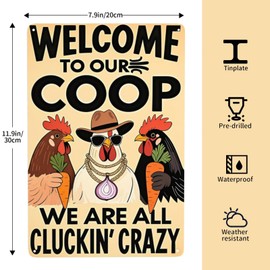 Funny Chicken Coop Sign "Welcome to Our Coop" Metal Chicken Signs for Coop Funny Outdoor Farmhouse Kitchen Garden Decor 8 X 12 Inch Chicken Gifts