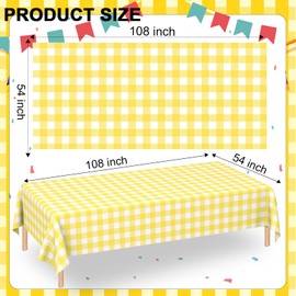 WNINK 6 Pack Light Yellow Gingham Rectangular Plastic Tablecloths, Yellow and White Checkered Disposable Table Covers 54" x 108" for Birthday, Wedding, Bridal Shower, Outdoor Picnic Camping Parties