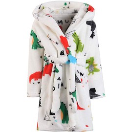 DNggAND Boys Girls Bathrobes,Toddler Boy Girl Robes,Children's Plush Soft Coral Fleece Hooded Pajamas Sleepwear for Kids Dinosaur White 4-5T
