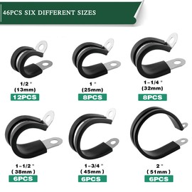 OURU 46PCS Cable Clamps Assortment Kit,Stainless Steel Rubber Coated Cushioned Insulated Cable Clamp,Automotive Wire Clamps,Pipe Clamps,Metal Clamp in 6 Sizes—1/2'' 1'' 1-1/4'' 1-1/2'' 1-3/4'' 2''