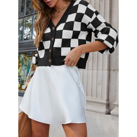 Dokotoo Womens Cardigan Sweaters V Neck Button Down Long Sleeve Plaid Cardigans Casual Cable Knit Fall Winter Ladies Cropped Fit Jackets Outerwear Black L