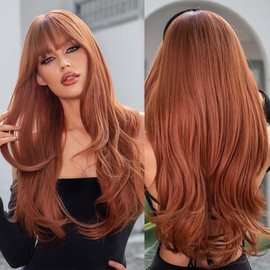 Allbell Long Wavy Auburn Wig with Bangs Ginger Wig for Women Heat Resistant Fiber Synthetic Brown Wig Natural Looking Long Layered Wigs for Daily Party Cosplay Use