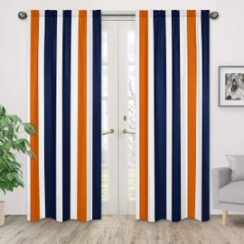 Navy Blue, Orange and White Window Treatment Panels for Stripe Collection - Set of 2