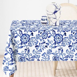 JarThenaAMCS White Blue Floral Tablecloth 60 x 104 Inch Vintage Floral Table Cover Retro Rectangle Table Cloth for Home Kitchen Dining Table Decoration Supplies
