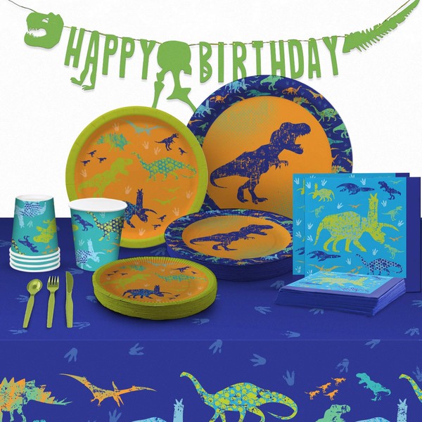 My Greca Dinosaur Party Supplies - (Serves 16) - Dinosaur Decorations Set for Birthday Party - Plates, Cups, Napkins, Happy Birthday Banner, Table Cover, Utensil sets - TREX Bday Theme Pack