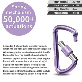 FresKaro Carabiner Clip Heavy Duty, Strong 12kN Screw-gate Aluminum Carabina, Locking Karabiner Hooks, 3 Inch, Lightweight, Lockable for Dog Lead, Hammocks, Swing, Camping, Key, D-Shaped, Purple 3pcs