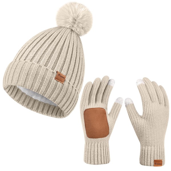 Womens Beanie Hat Gloves Set Winter Knitted Beanie Hat for
