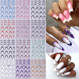 French Tip Nail Stickers Decal - 12 Pcs Colorful French Tip Nail Accessories Gradient Line Nail Decals Matte French Tip Tool Adhesive Nail Art Stencil Guides for Women&Girls Salon DIY Decoration
