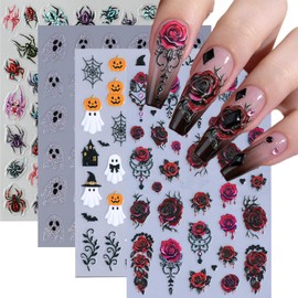 Halloween Nail Art Stickers Goth Rose Flower Nail Decals with Glitter Ghost Pumpkin Designs Nail Stickers Colorful Spider Holiday Nail Art DIY Decor Supplies for Women 4 Sheets