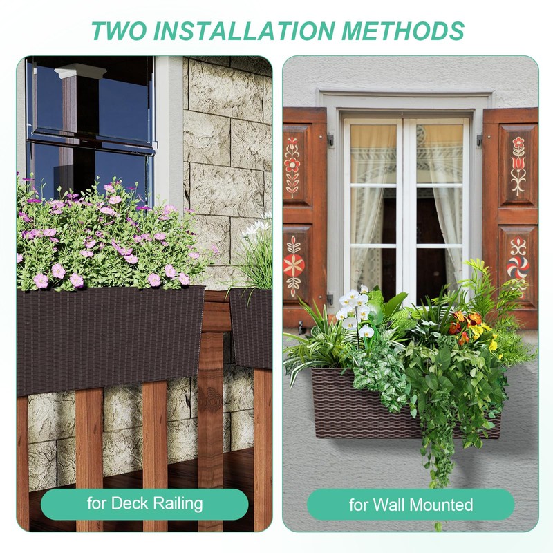 Aoodor 4Pcs 19.5" Rectangular Window Box Wall Mount/Railing Planter, Self-Watering