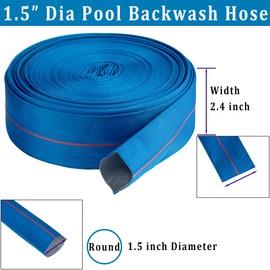 Pool Backwash Hose 1-1/2” × 100 ft Heavy Duty PVC Water Discharge Pipe Flexible Reinforced Pump Drain Hose, 1.5 in Diameter & 2.4 inch Width Lay Flat, with 2 Clamps (1.5in-100ft)