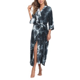 Women's Soft Robes Lightweight Kimono Loungewear Long Nightgown Knit Bathrobe Casual Sleepwear Pajamas with Pockets, Tie-Dyed Black and White Large