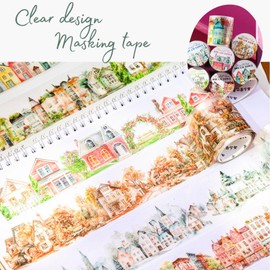 ADOSSY 5 Types Masking Tape Design Clear Transparent Stickers Washi Tape Set Floral Pattern Landscape Collage DIY Album Scrapbook Journal Decoration (A)