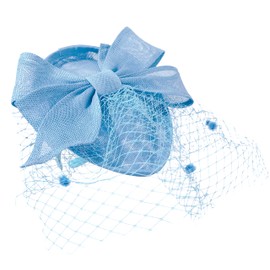 Caprilite Teardrop Pointed Pillbase Large Bow Fascinator with Birdcage Veil on Headband UK (Baby Blue Pastel Blue)