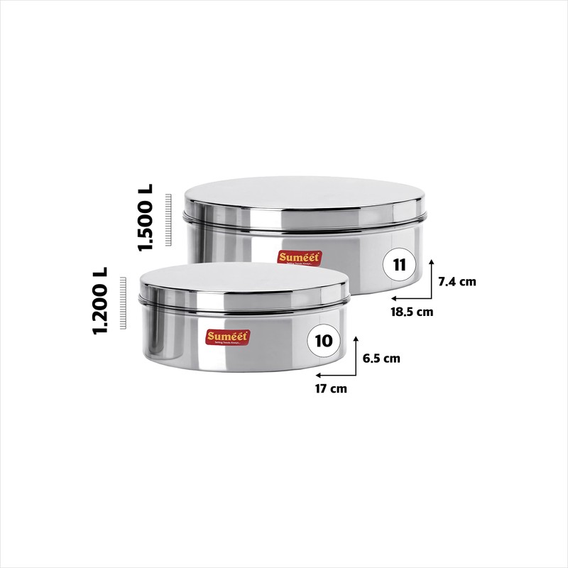 Sumeet Stainless Steel Flat Canisters/Puri Dabba/Storage Containers Set of 2Pcs