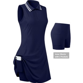 FREEYE Golf Dresses for Women Tennis Dress Pickleball Outfits Polo Dress Collared Dress Active Dresses with Shorts Navy Blue XL