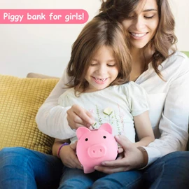 PJDRLLC Piggy Bank, Unbreakable Plastic Money Bank, Coin Bank for Girls and Boys, Medium Size Piggy Banks, Practical Gifts for Birthday, Easter, Christmas (Pink)