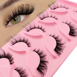 Fox Eye Lashes with Clear Band, Flu-ffy 22mm Long Cat-Eye Lashes Wispy Eyelashes that Look Like Extensions Faux Mink False Eyelashes Natural Look 7 Pairs pack(Clear-SN001)