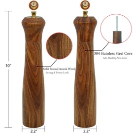 Wooden Salt and Pepper Grinder Set,Manual Salt and Pepper Mill,Acacia wood Salt Grinder Refillable,Pepper Mill with Adjustable Coarseness,Salt and Pepper Shakers Tableware Gifts 10" 2PCS