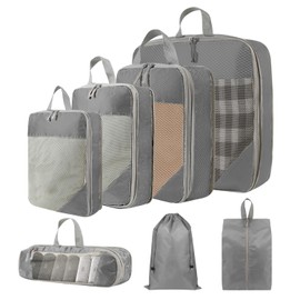 Compression Packing Cubes,7 Set Packing Cubes for Travel Compression, Mesh Luggage Suitcase Organizer Bags,Extensible Travel Packing Cubes, Travel Suitcase Accessories (grey)