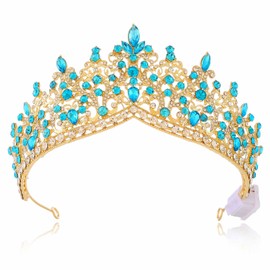 YBSHIN Light Up Rhinestone Gold Wedding Queen Crowns, Medieval Quinceanera Crystal Tiaras, Sparkly Pageant Headpiece for Women (Light Blue)