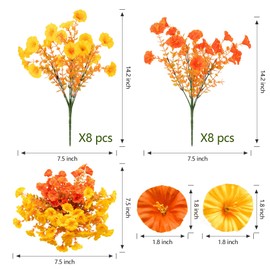 16 Bundles Fall Mums Artificial Flowers for Outdoor Decoration,Realistic Fake Plants Orange Red Petunias, UV Resistant Faux Yellow Silk Flowers for Vase Planter Front Door Porch Garden (Autumn)