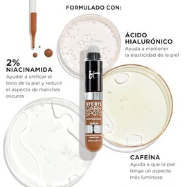 It Cosmetics Bye Bye Dark Spots Concealer + Serum - Corrector de Ojeras y Manchas con Niacinamida, Ácido Hialurónico y Cafeína, Acabado Natural y Cobe