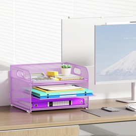 Cawukege 3 Tier Paper Organizer with Handle, Metal Desk Organizer Mesh Paper Letter Tray Desktop File Folder Document Sorter for Classroom, School, Office Accessories Organization and Storage - Purple
