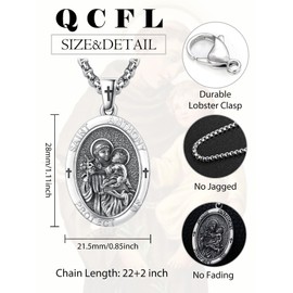 QCFL Saint St Anthony Medal Necklack For Men Sterling Silver Saint Anthony Jewelry Religious Protection Jewelry Catholicism Religious Gifts For Men Husband Dad Son