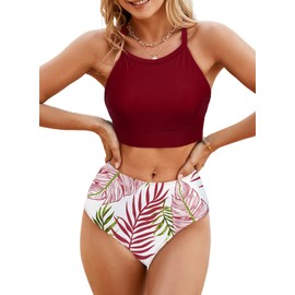 Herseas Women's Bikini Sets High Neck Floral Print High Waisted Longline Two Pieces Swimsuits Seamless Sporty Teens Resort Wear Wine Red Bathing Suits Medium