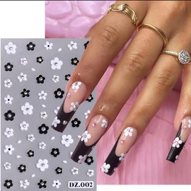 New Crystal Nail Stickers - 2PCS Flowers French Tip Nail Art - Summer 3D Self-Adhesive Shiny Crystal French White Black Daisy Gel Nail Sticker with Nail Design DIY Decals Nail Tips for Manicure Decor