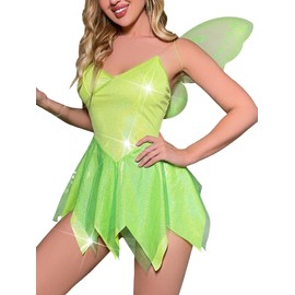 Sujhwsx Women Green Elf Slip Dress Sleeveless Cami mini Dress Fairy Cosplay Costume with Butterfly Wings (A-a-Green, S)