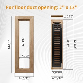 Oak Floor Register for 2x12 Inch Duct Holes - Flush Mount Floor Vent with Metal Damper - White Wooden Vent Covers for Home Floor - 0.8 Inch Thickness - Unfinished