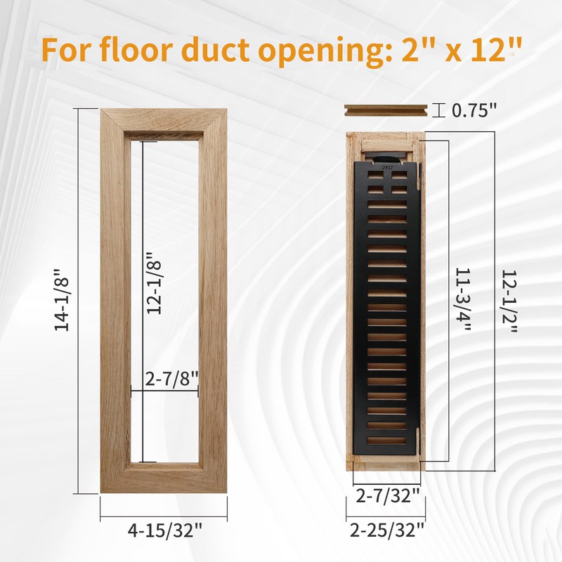 Oak Floor Register for 2x12 Inch Duct Holes - Flush