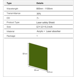Laser Safety Window Shield For 800-1100 nm (12"x12"x0.2") High Power Laser Equipment Protection Sheet Organic Glass 980nm 1064nm 1070nm 1080nm Optical Fiber Infrared Light Protection Plate Shield
