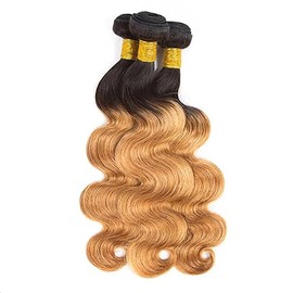 Jucames Real Hair Wefts Bundle, Body Wave Human Hair Extension, 3 Bundles, 100% Unprocessed Virgin Remy Brazilian Hair Wefts, Double Weft, 2 Tones, Ombre, Black and Honey Blonde, Colour 20 22 24