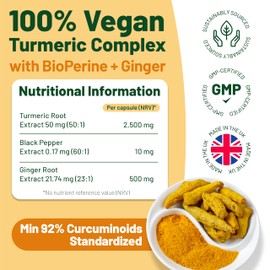 Turmeric and Black Pepper Capsules High Strength with Ginger Supplement 2500mg Equivalent - Curcumin Capsules 92%, Piperine 95%, Gingerols 5% - 60 Capsules - 2 Months Supply, 100% Vegan, GMP