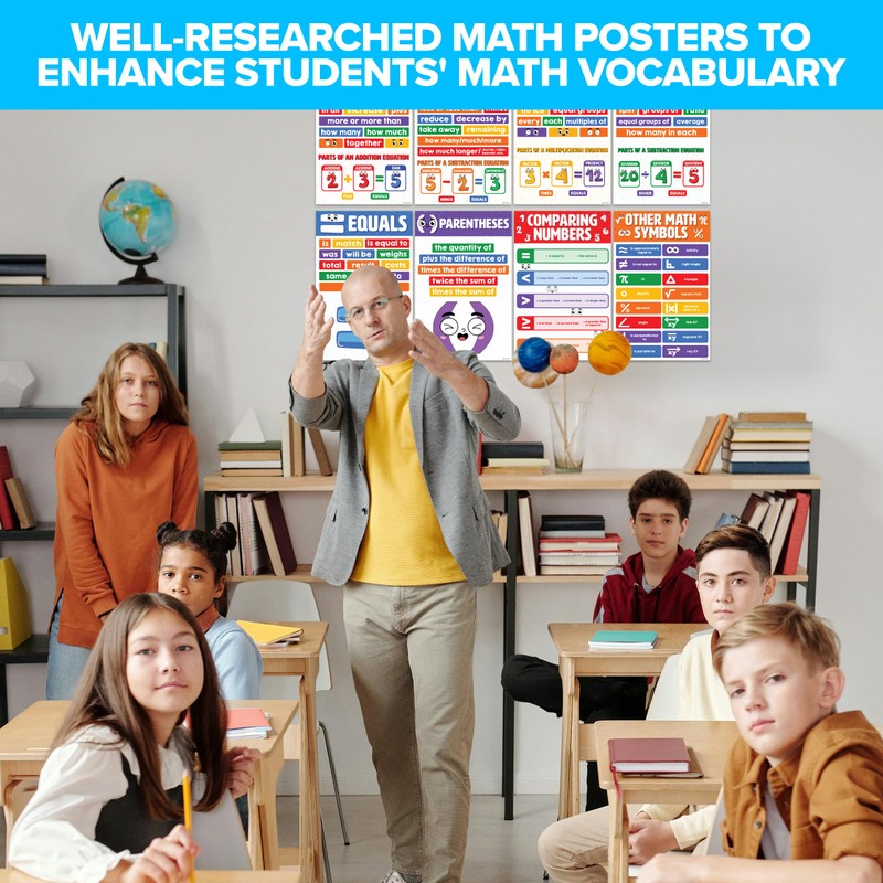Decorably 8 Math Key Words Posters, 11x17in Matte-Laminated Educational Math