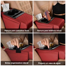 Funda Reposabrazos Para Auto, Impermeable, Almohadilla Reposabrazos Carro Con Compartimiento De Teléfono, 2 Portavasos Y Caja De Pañuelos, Funda Reposabrazos Coche Para Turismos, Furgonetas, Camiones