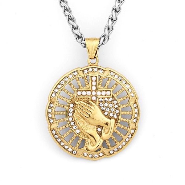 Fachoice Gold Prayer Hand Circle Pendant for Men Iced Out