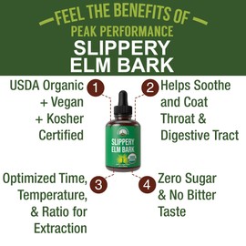 Slippery Elm Bark USDA Organic Vegan Liquid Drops. Extract with High Bioavailability For Women, Men, Kids. For Sore Throat, Irritated Stomach. Zero Sugar, Gluten Free, Tincture Supplement No Capsules